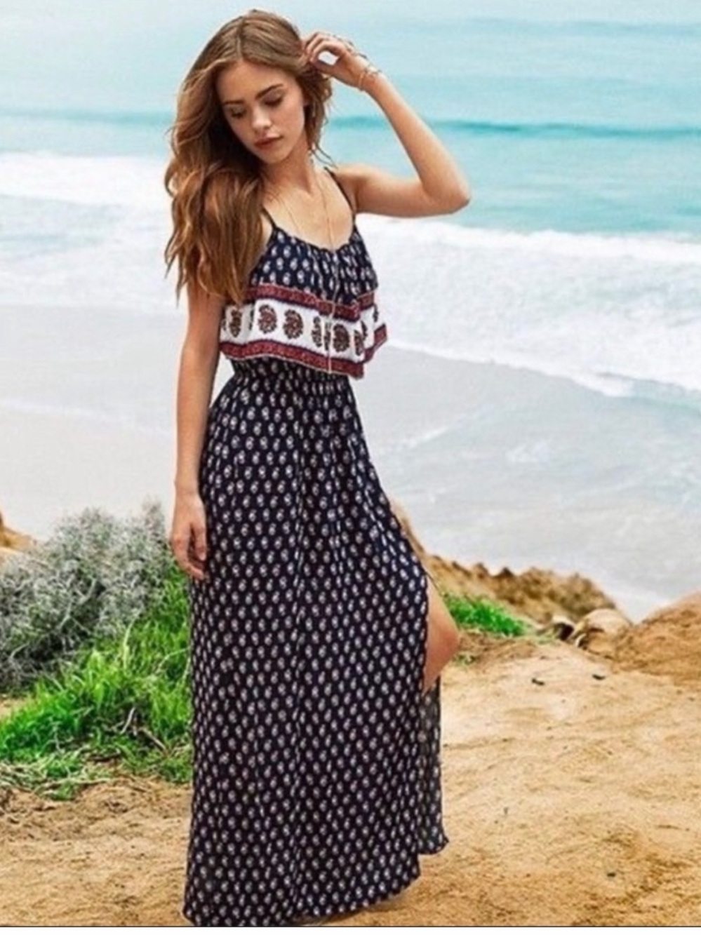 American Eagle Navy Printed Maxi Dress with Contrast Waistband